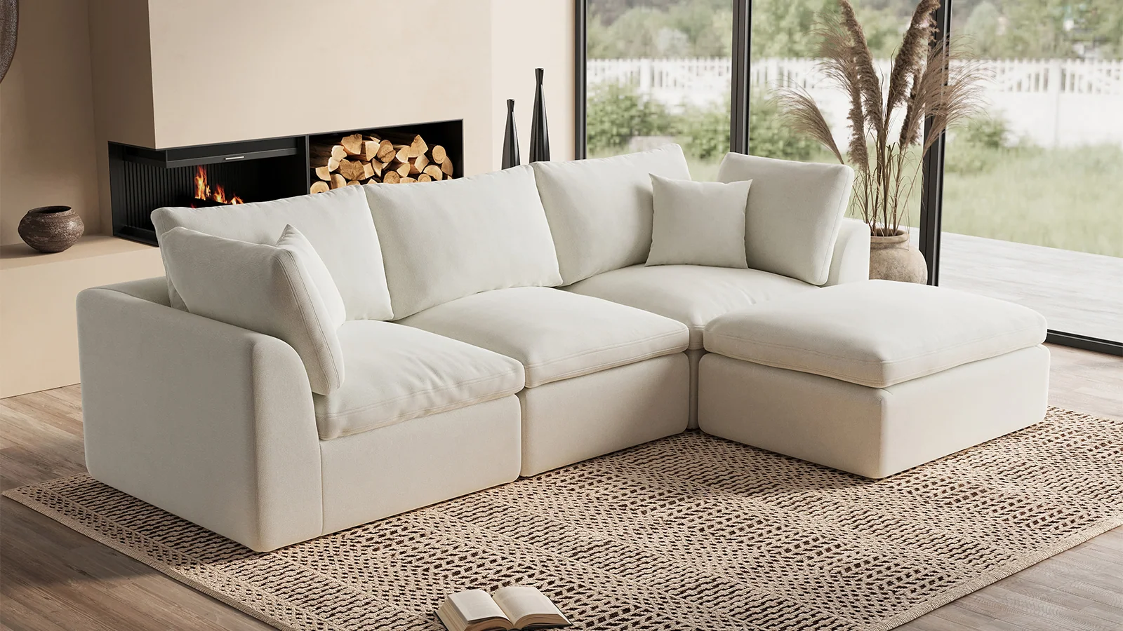 Ohllob 110 inch cloud L sectional in warm white beside a fireplace